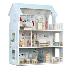 Casuta din lemn pentru papusi, cu 3 etaje, 11 piese