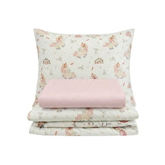 Set lenjerie bumbac, 3 piese - Unicorni, cearșaf roz