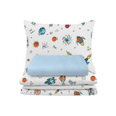 Set lenjerie bumbac, 3 piese - Aventura Cosmica, cearsaf albastru