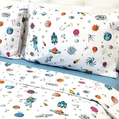 Set lenjerie bumbac, 3 piese - Aventura Cosmica, cearsaf albastru