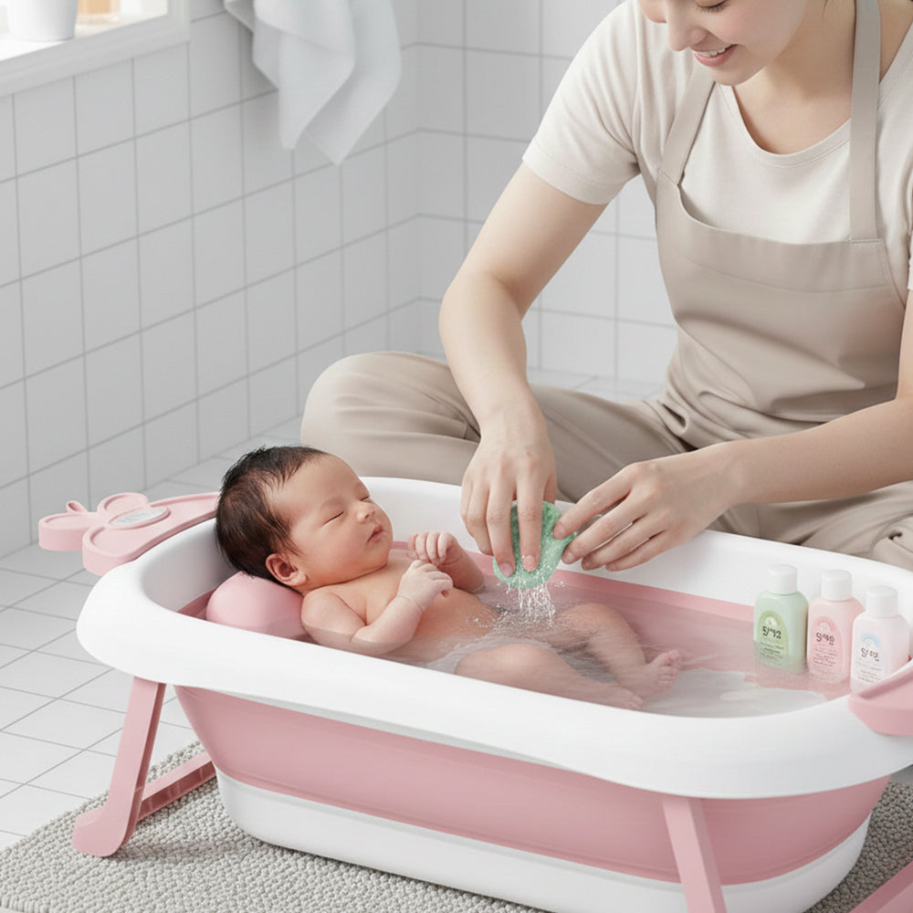 Cadita de baie pliabila cu termometru LCD, suport antiderapant, Ricokids, Roz