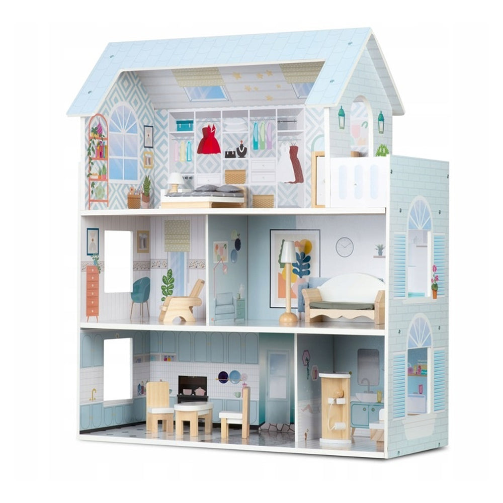 Casuta din lemn pentru papusi, cu 3 etaje, 11 piese