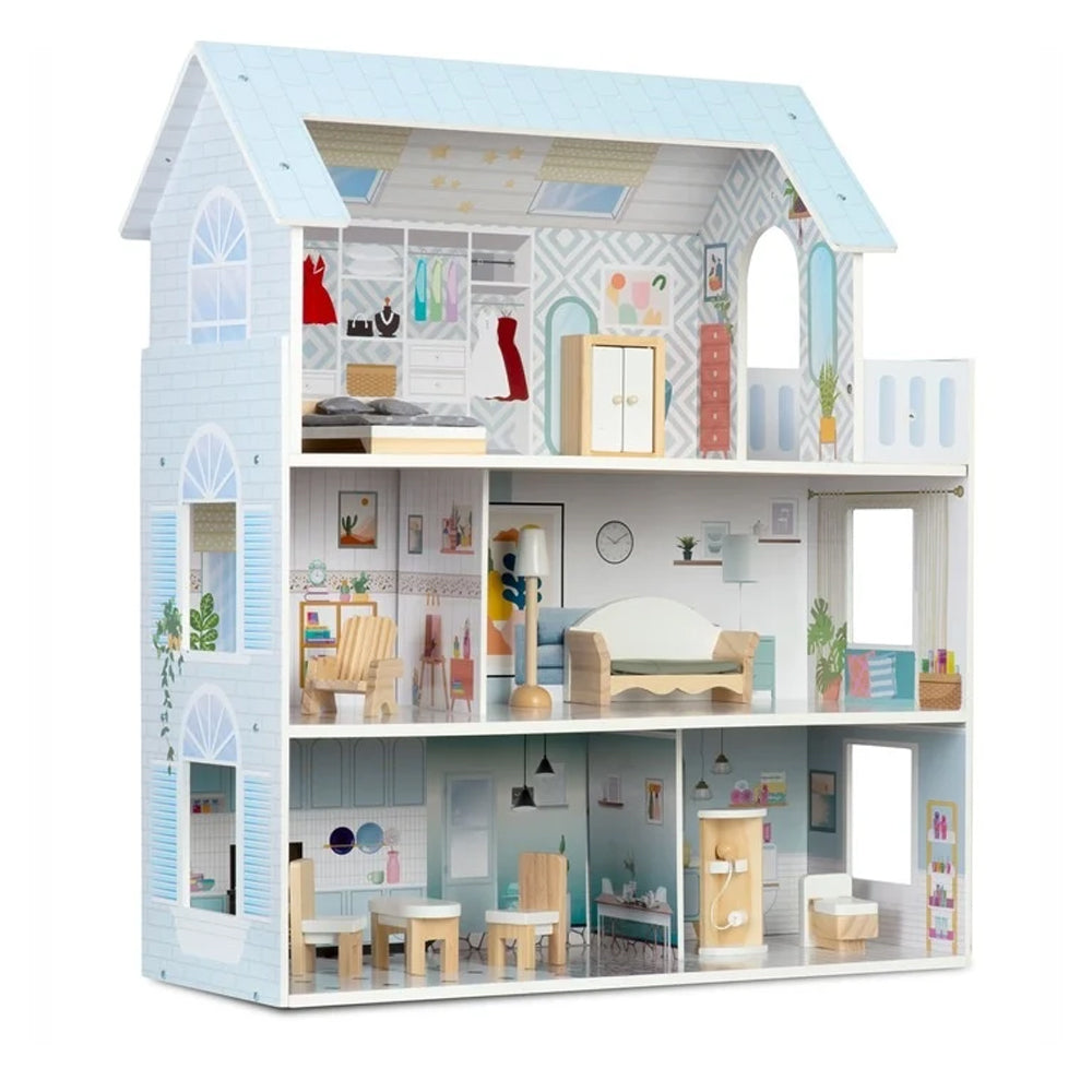 Casuta din lemn pentru papusi, cu 3 etaje, 11 piese