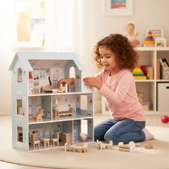 Casuta din lemn pentru papusi, cu 3 etaje, 11 piese