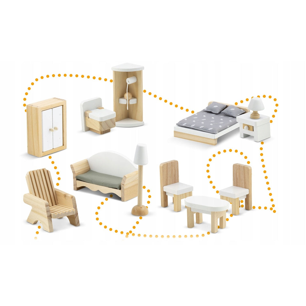 Casuta din lemn pentru papusi, cu 3 etaje, 11 piese