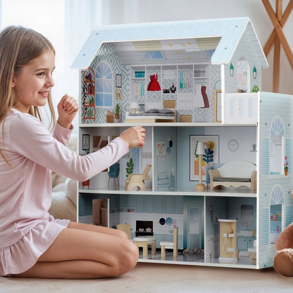 Casuta din lemn pentru papusi, cu 3 etaje, 11 piese