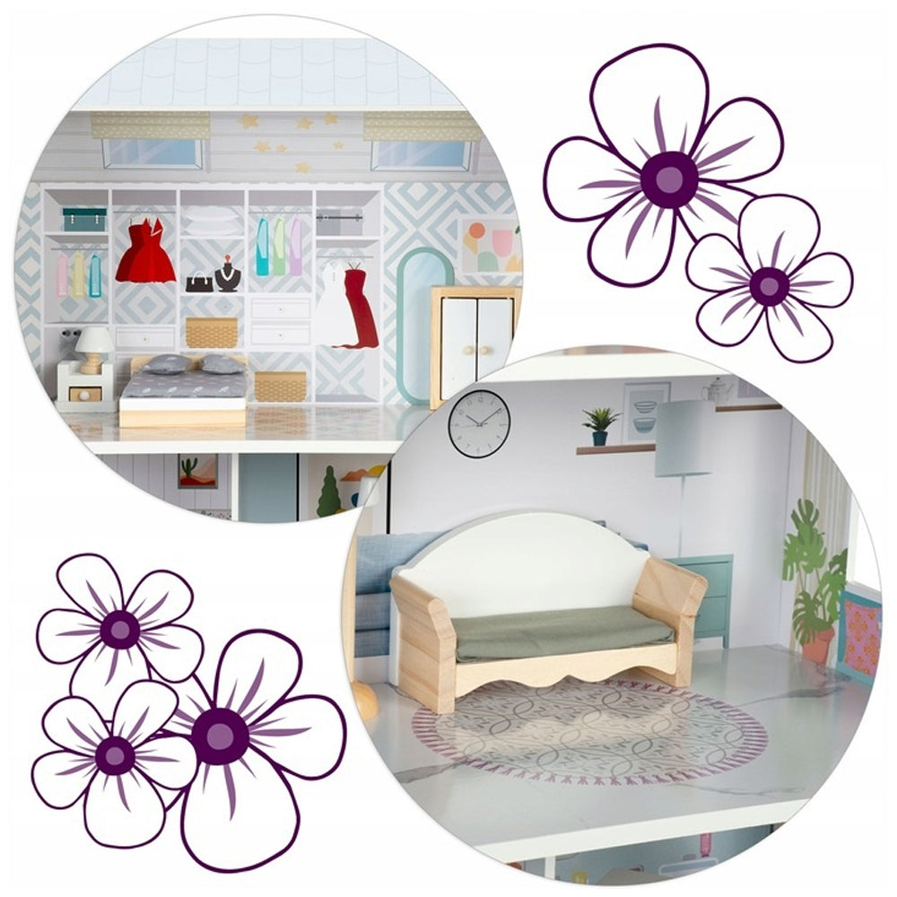 Casuta din lemn pentru papusi, cu 3 etaje, 11 piese