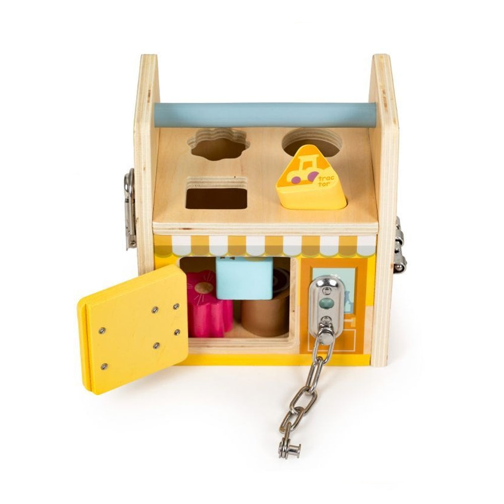 Cub Educativ din lemn, Sortare De Blocuri, Incuietori, EcoToys