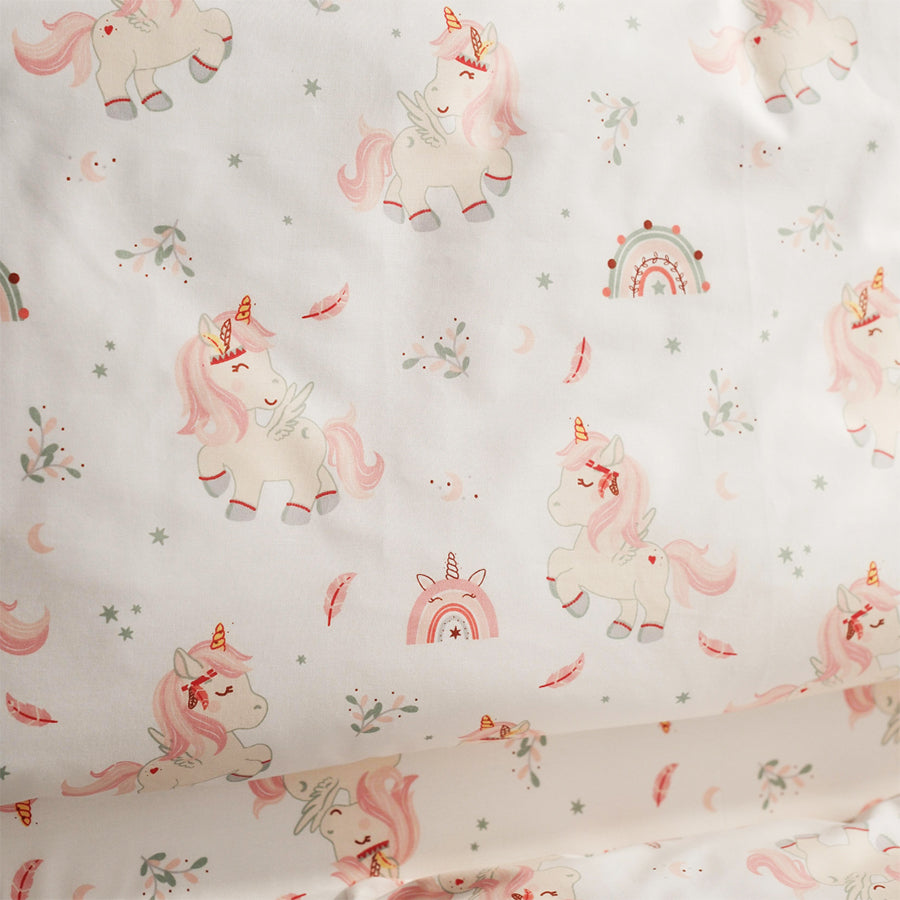Set lenjerie bumbac, 3 piese - Unicorni, cearșaf roz