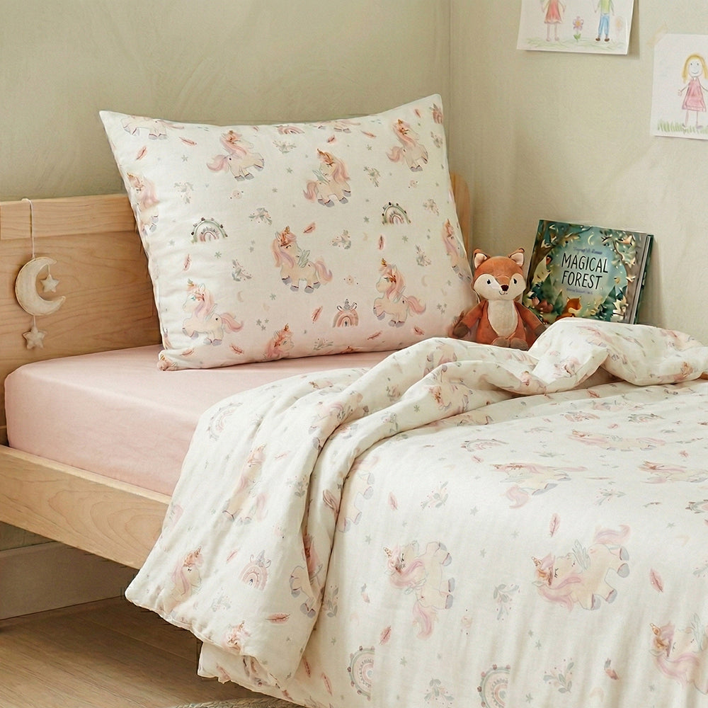 Set lenjerie bumbac, 3 piese - Unicorni, cearșaf roz