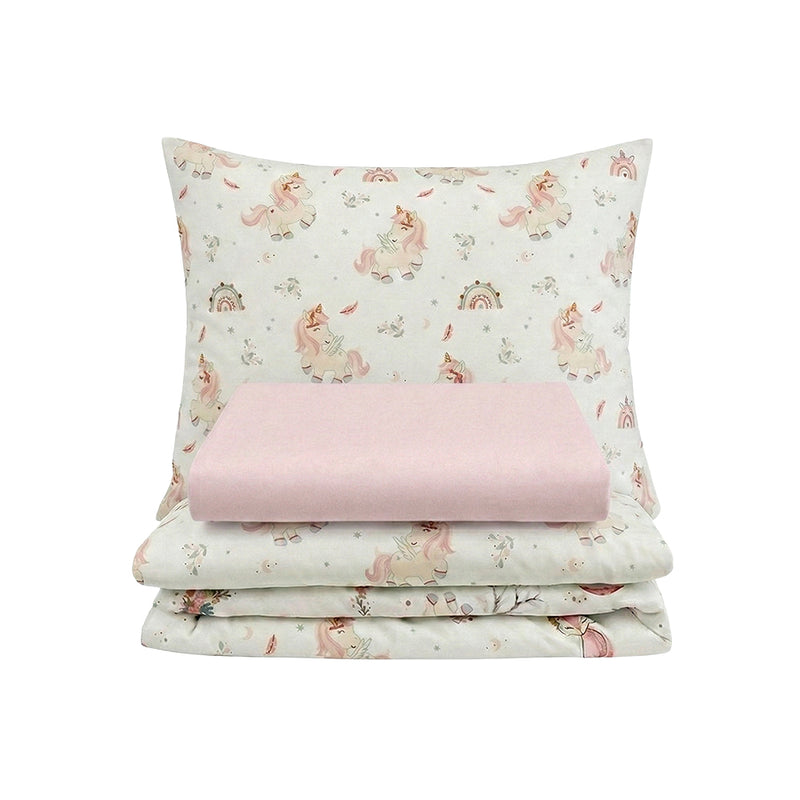 Set lenjerie bumbac, 3 piese - Unicorni, cearșaf roz