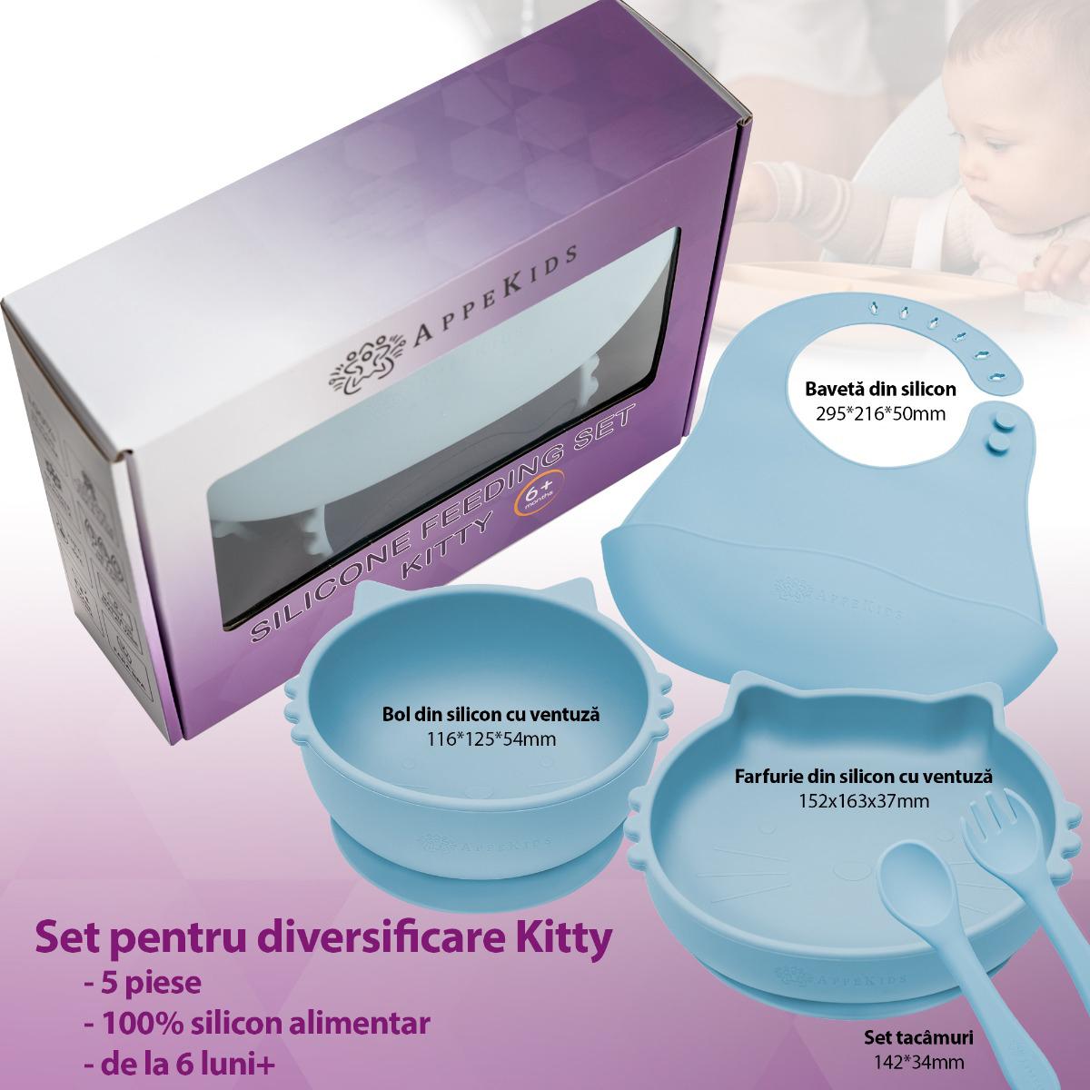 Set Diversificare, AppeKids, 100% Silicon, Kitty - Aqua Blue