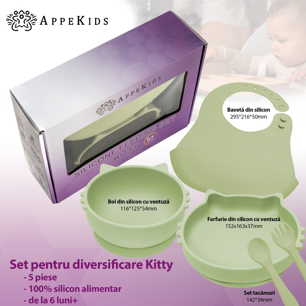 Set Diversificare, AppeKids, 100% Silicon, Kitty - Raw Green