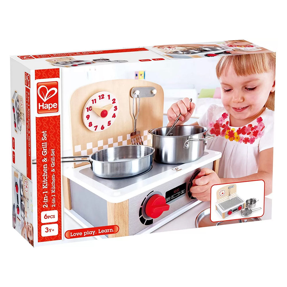 Mini bucatarie Hape din lemn, cu accesorii din inox