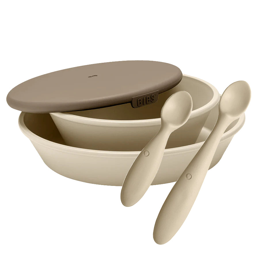 Set pentru hranire si diversificare, farfurie + bol cu capac + 2 lingurite, Bibs Mini Meal, Vanilla