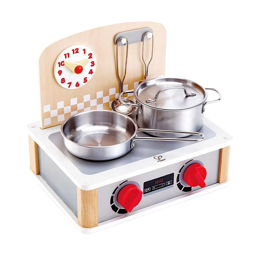 Mini bucatarie Hape din lemn, cu accesorii din inox