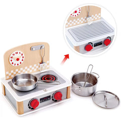 Mini bucatarie Hape din lemn, cu accesorii din inox