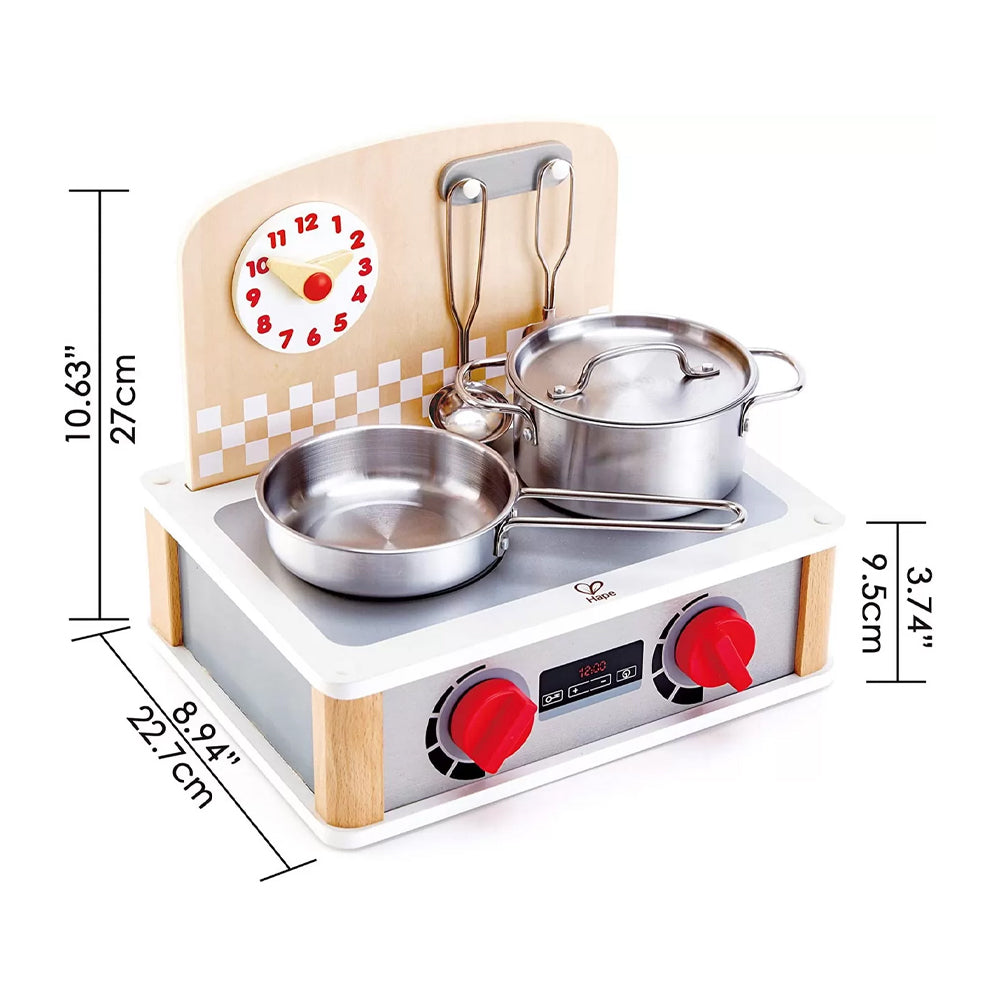 Mini bucatarie Hape din lemn, cu accesorii din inox