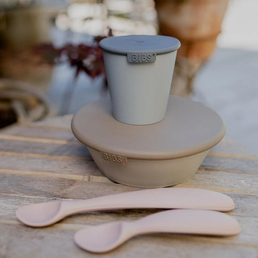 Set pentru hranire si diversificare, farfurie + bol cu capac + 2 lingurite, Bibs Mini Meal, Vanilla