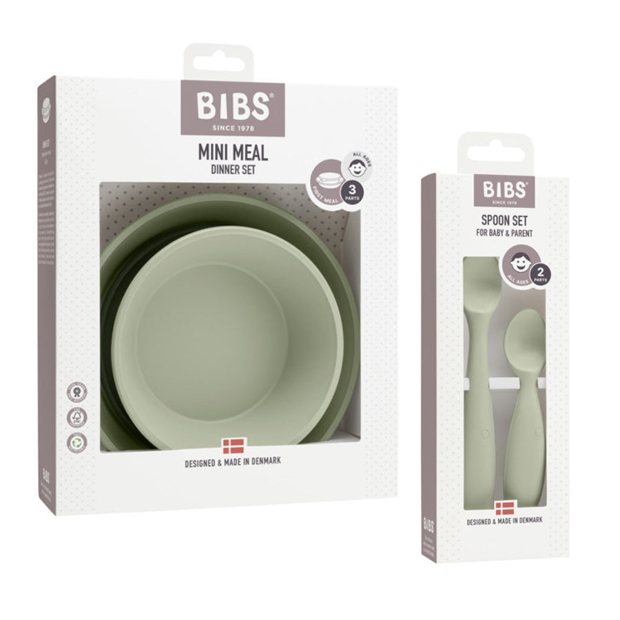 Set pentru hranire si diversificare, farfurie + bol cu capac + 2 lingurite, Bibs Mini Meal, Sage